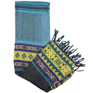 Handmade Boho Tribal Woven Scarf Shawl Teal Blue Yellow Fringe Ethnic